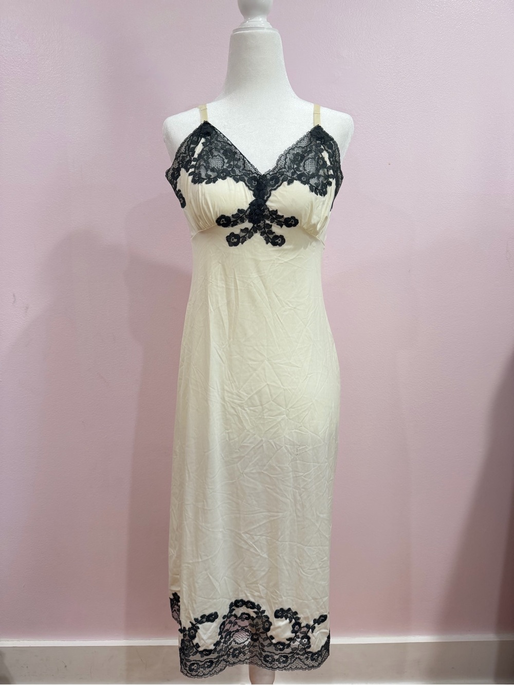 60s Van Raalte Elegant Cream Slip Dress with Black Lace Trim